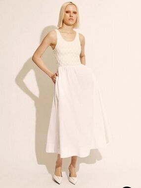 Bardot Bryony Poplin Sleeveless White Midi Dress with Lace Bodice, 6/M, NWT